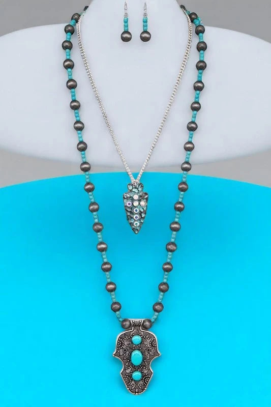 Boho Western Layered Necklace Set Navajo Beads & Arrowhead Pendant - NeoKira Unlimited