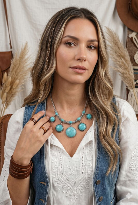 Turquoise Round Charms Silver Plated Link Necklace