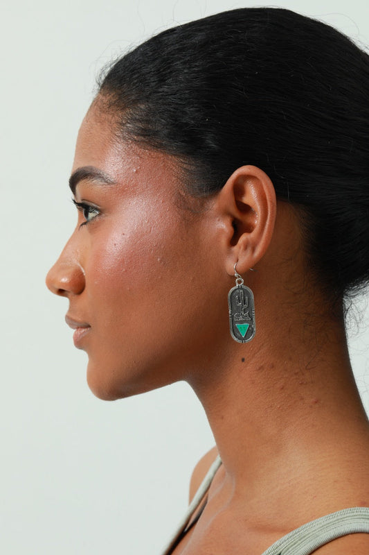 Carved Cactus Earrings – Turquoise Triangle Inlay - NeoKira Unlimited