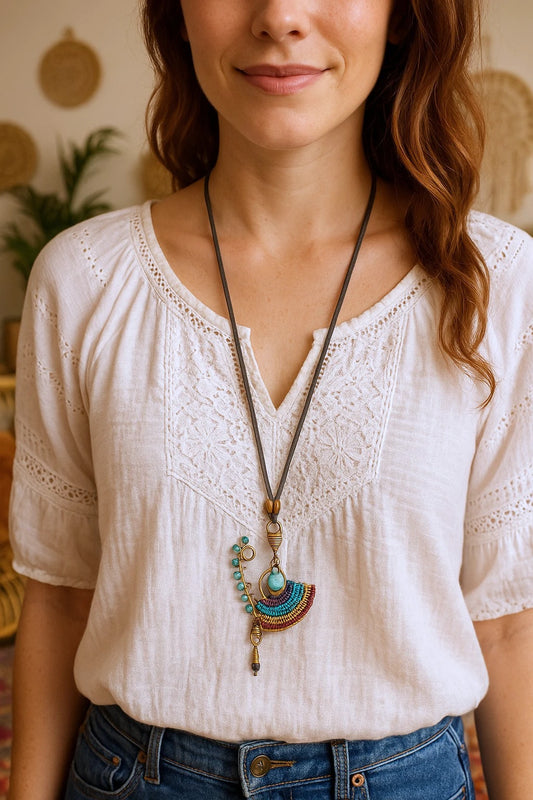 Boho-Chic Handmade Woven Wired Pendant Long Adjustable Necklace - NeoKira Unlimited