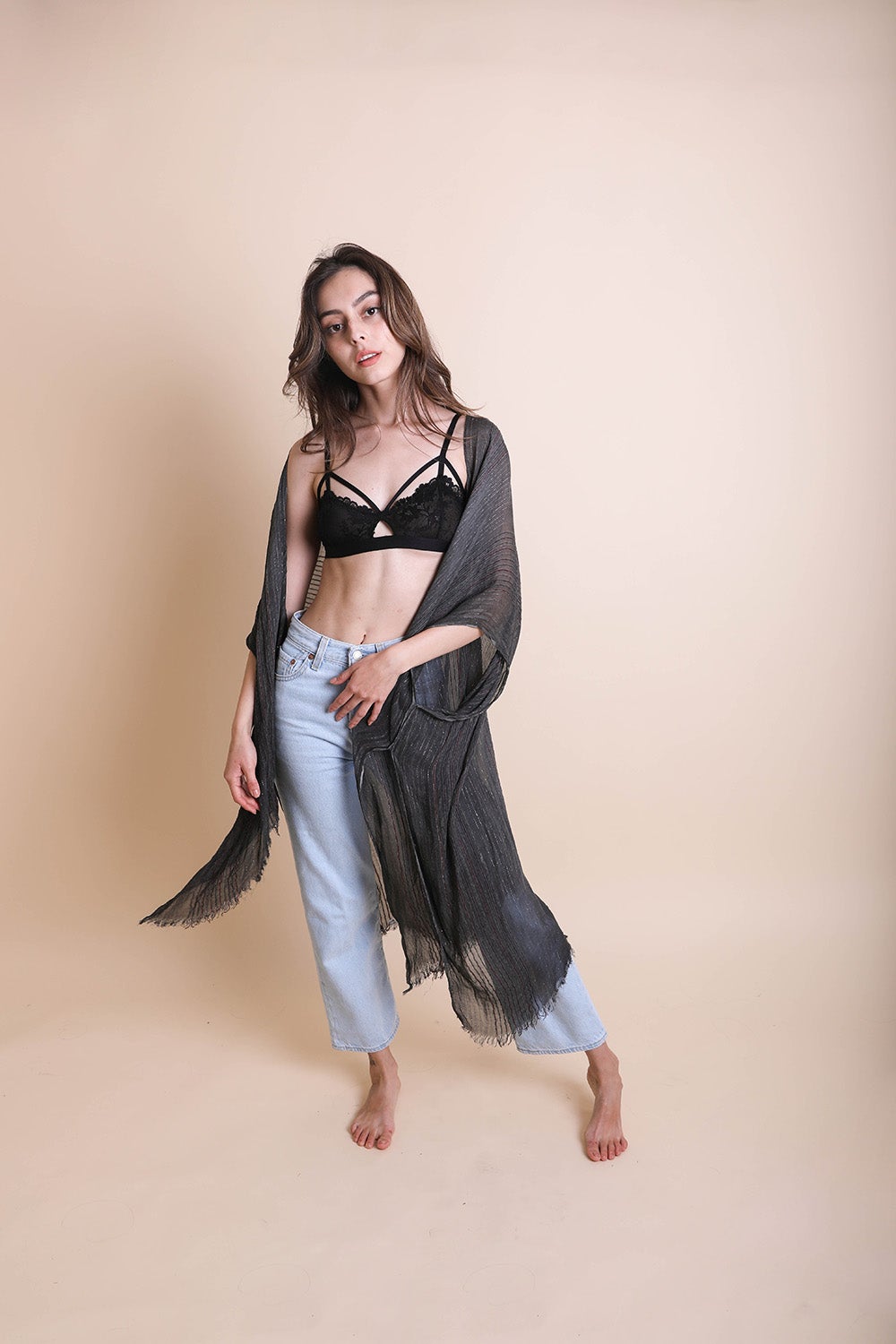 Pencil Stripe Lurex Trim Kimono - NeoKira Unlimited