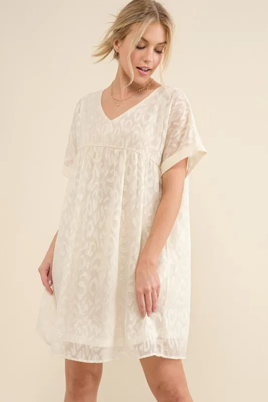 And The Why Woven Leopard Baby Doll Roll-Sleeve Casual Dress - NeoKira Unlimited