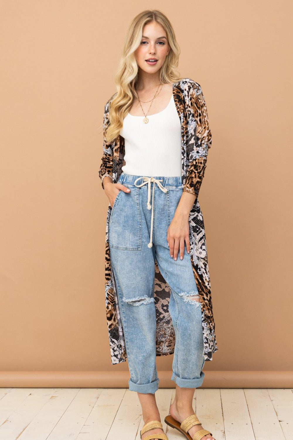 And The Why Leopard Kimono Open Front Longline Cardigan - NeoKira Unlimited