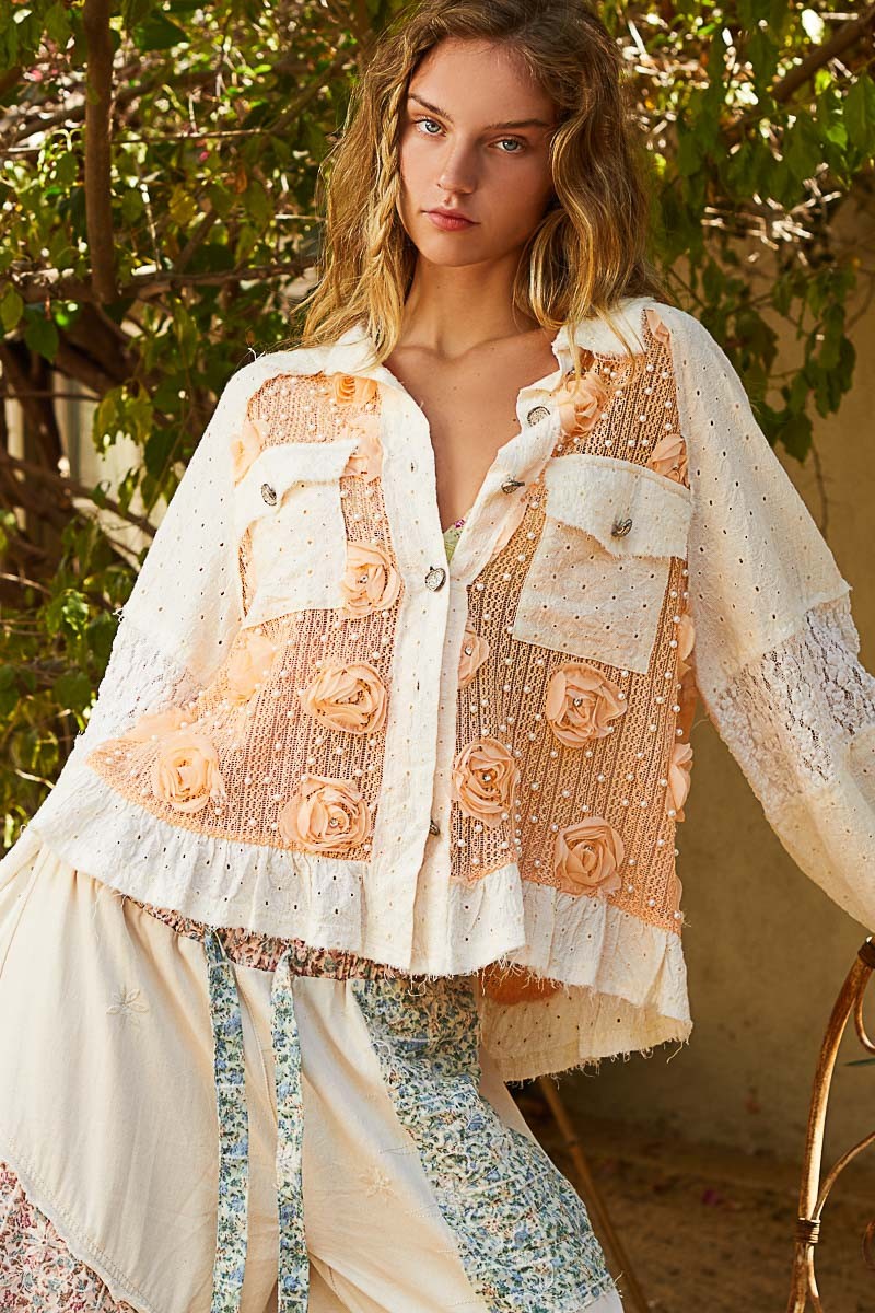 POL Eyelet Flower Pearl Detail Lace Patchwork Shirt - NeoKira Unlimited