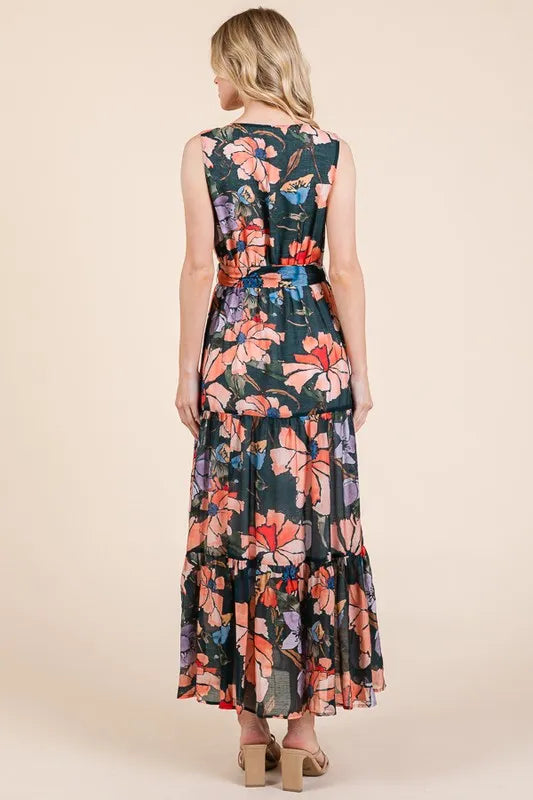 Lime 'N' Chili Floral Print Sleeveless Tie Waist Maxi Dress Feminine Flowing - NeoKira Unlimited