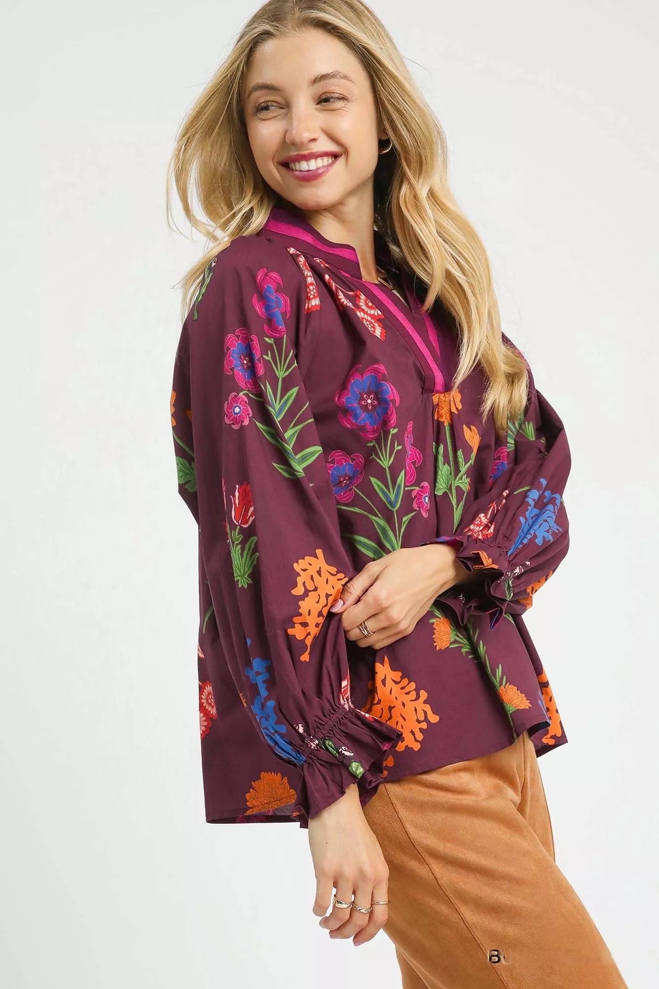 Umgee Floral Print Flounce Sleeve Blouse Boho Chic - NeoKira Unlimited