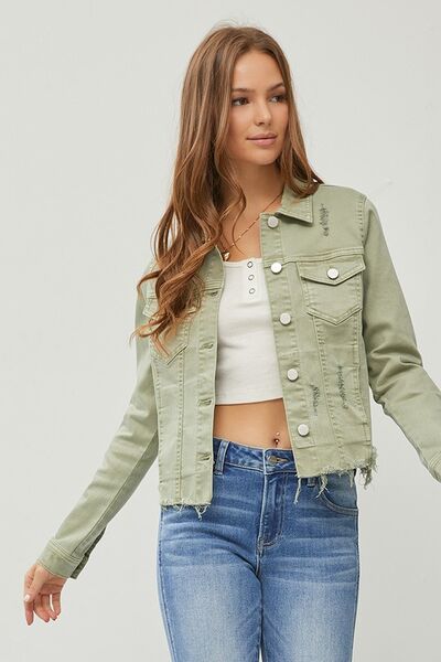 RISEN Full Size Raw Hem Button Up Cropped Denim Jacket Plus Size - NeoKira Unlimited
