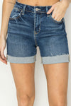 RISEN High Rise Cuffed Denim Shorts Denim Shorts Trendsi Dark S 