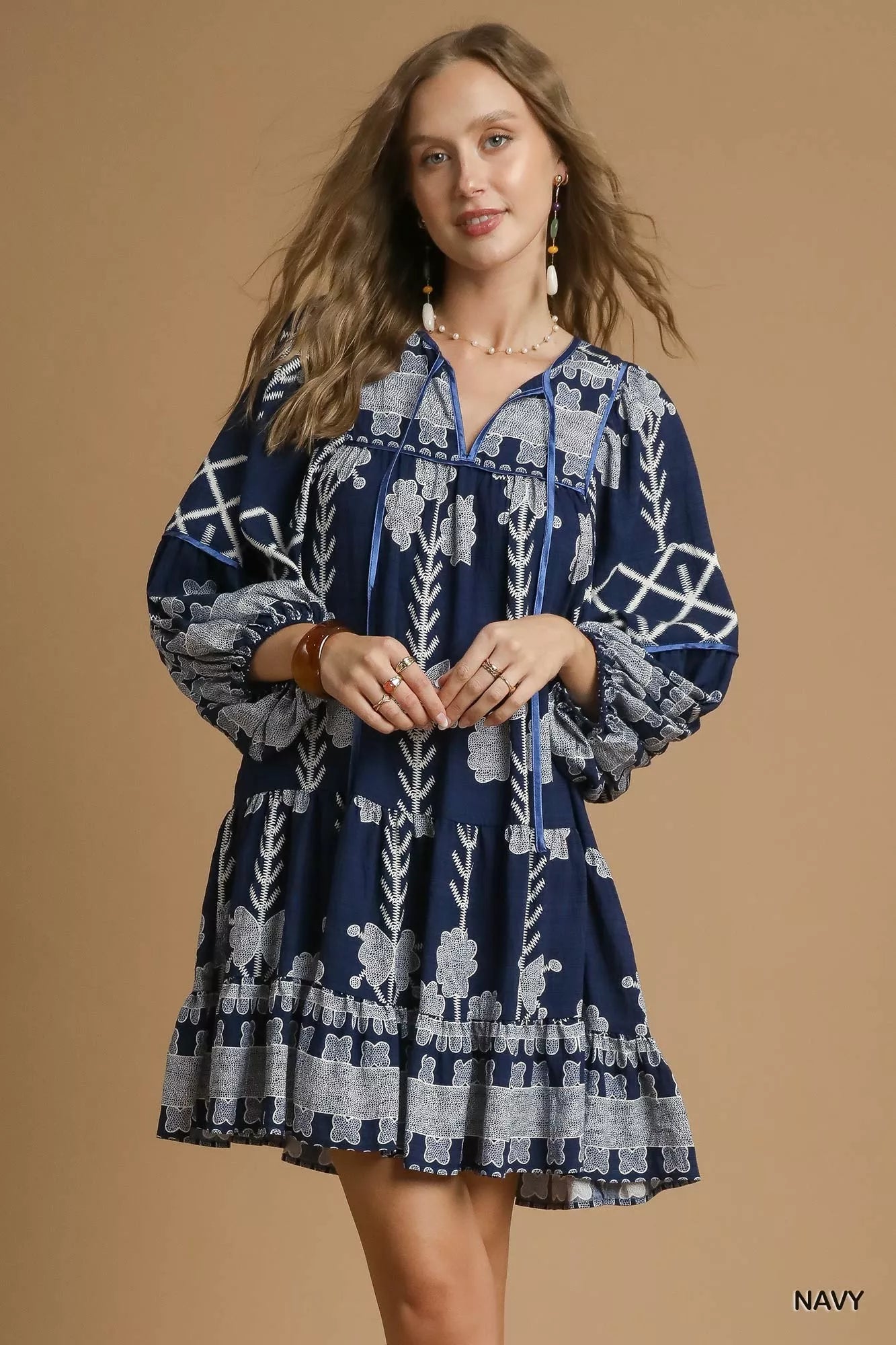 Umgee Tribal Print Dress With Tie Neck Boho Chic - NeoKira Unlimited