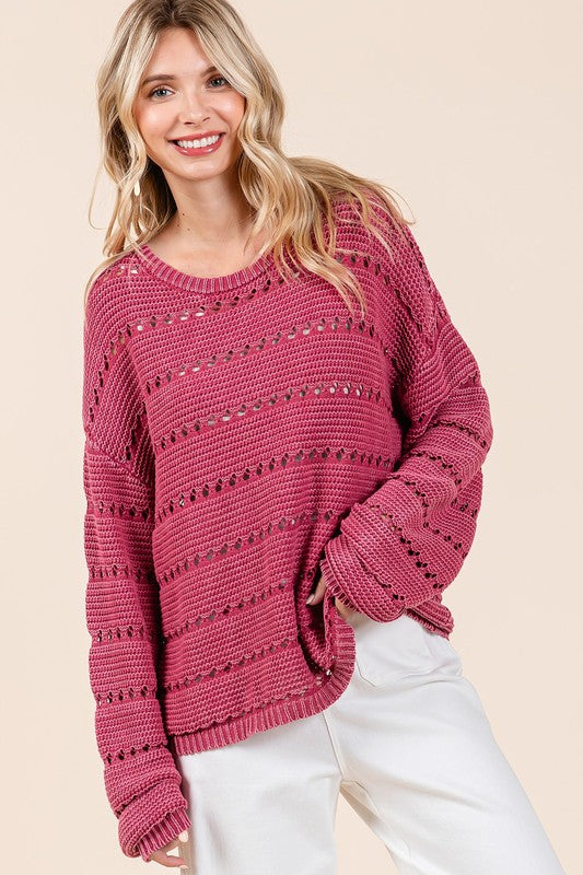 Mittoshop Openwork Round Neck Drop Shoulder Sweater - NeoKira Unlimited