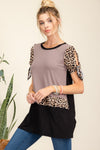 Celeste Full Size Open Tie Sleeve Leopard Color Blocked Top Top Trendsi Mocha S 