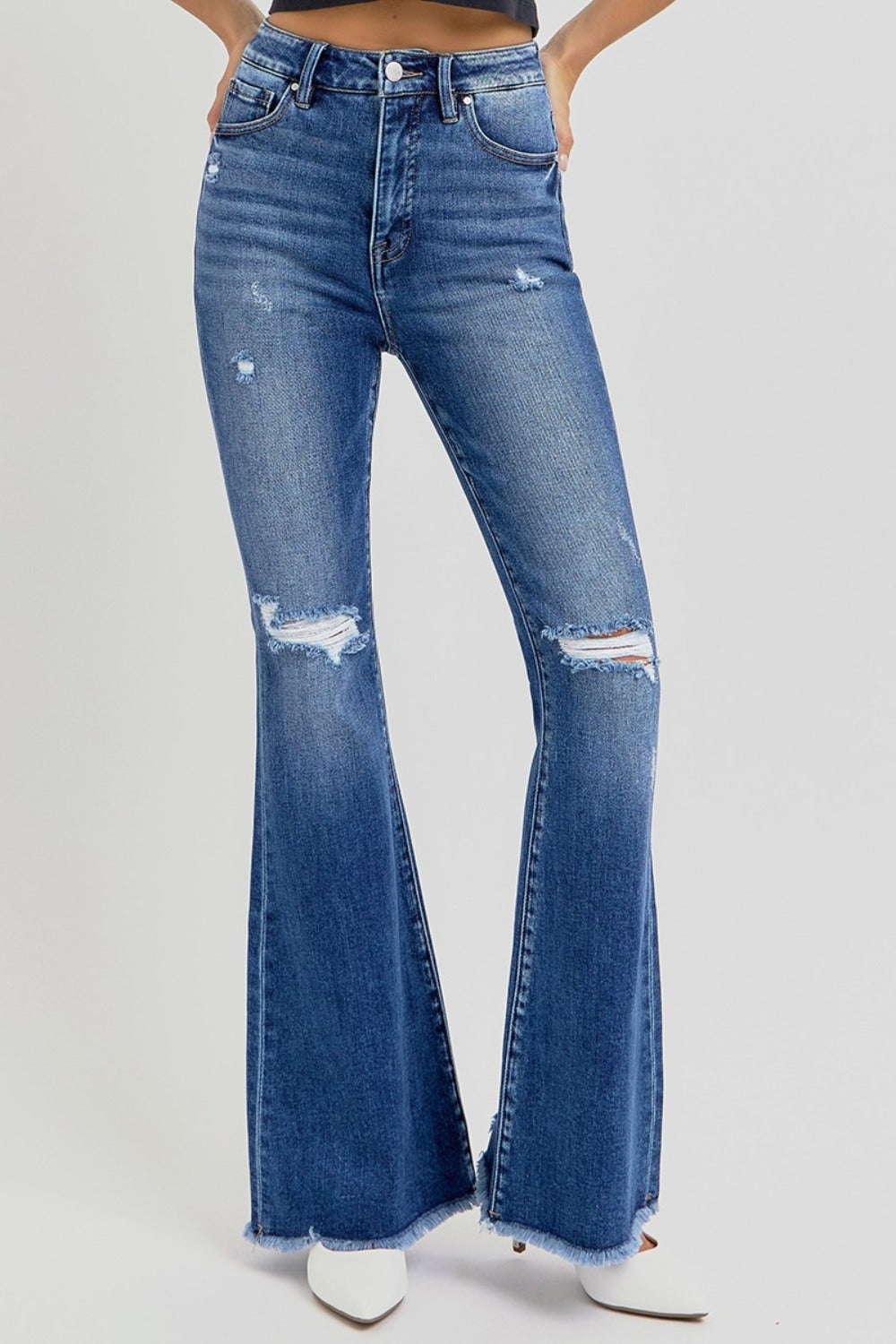 RISEN Full Size High Rise Distressed Raw Hem Flare Jeans - NeoKira Unlimited