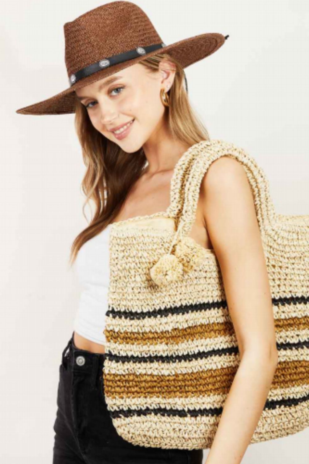 Fame Striped Straw Braided Tote Bag - NeoKira Unlimited
