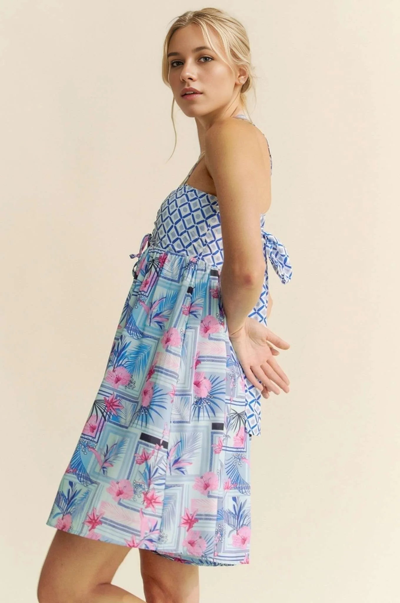 Davi & Dani Tropical Floral Geo Print Tie Back Tube Romper - NeoKira Unlimited