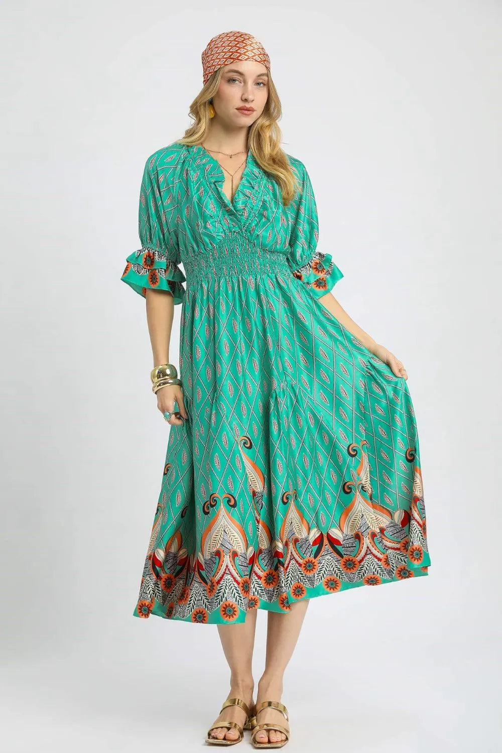 Umgee Printed Smocked Waist Flounce Sleeve Midi Dress - NeoKira Unlimited