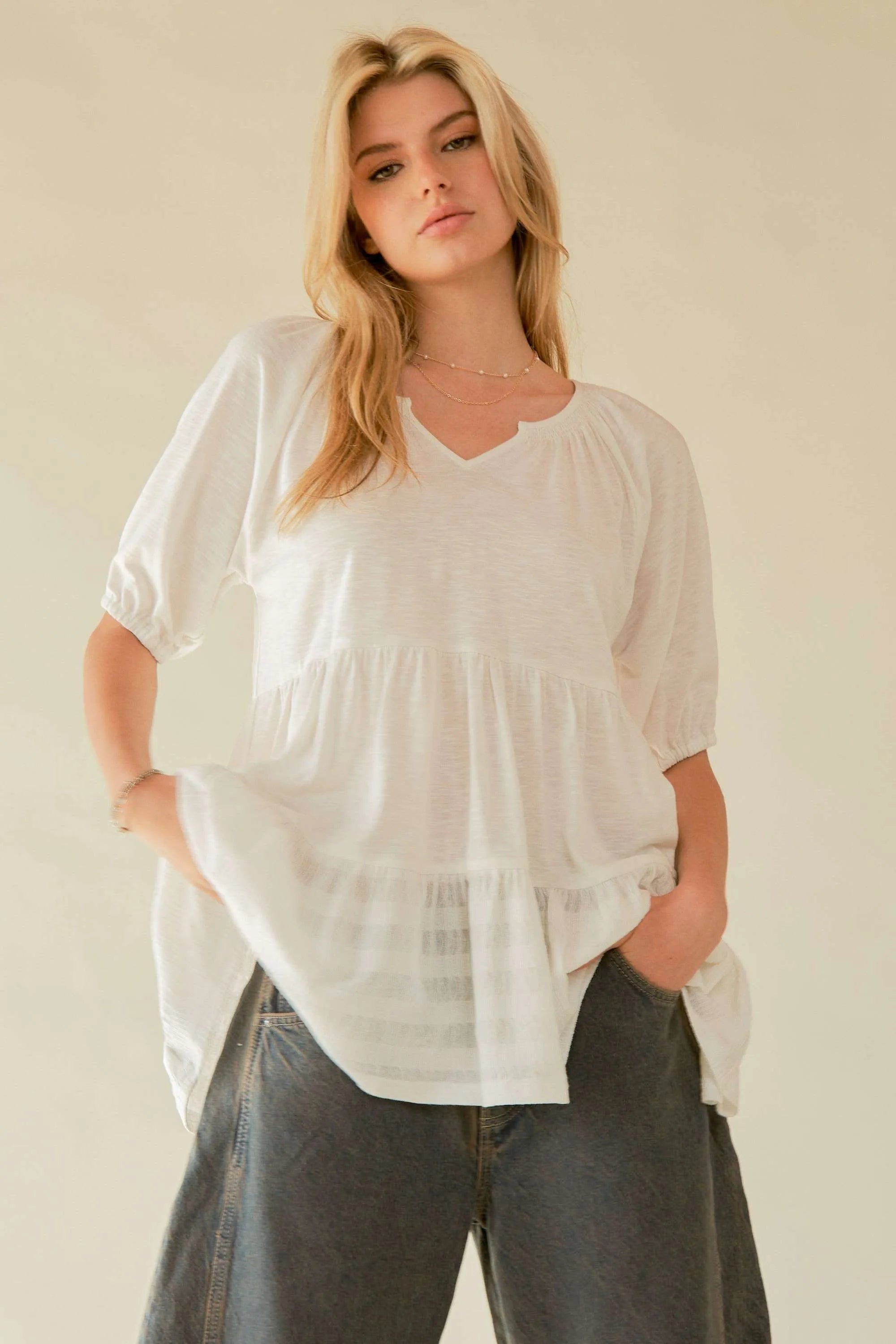 Davi & Dani Ruffled Flared Short Sleeve V Neck Blouse - NeoKira Unlimited