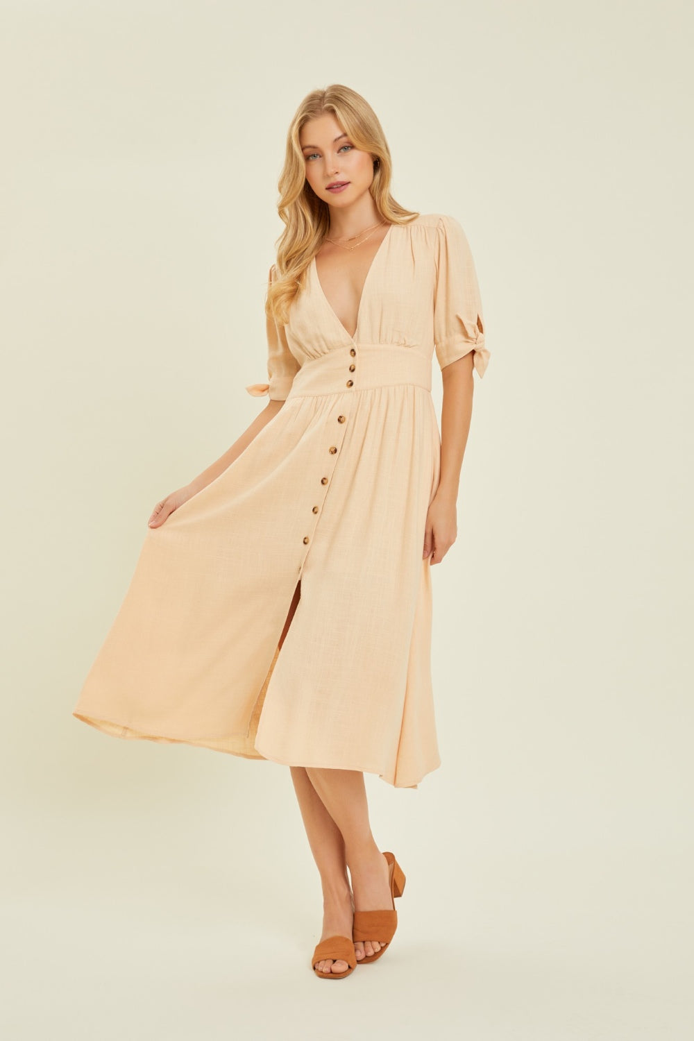 HEYSON Full Size Textured Linen V-Neck Button-Down Midi Dress Midi Dress Trendsi   