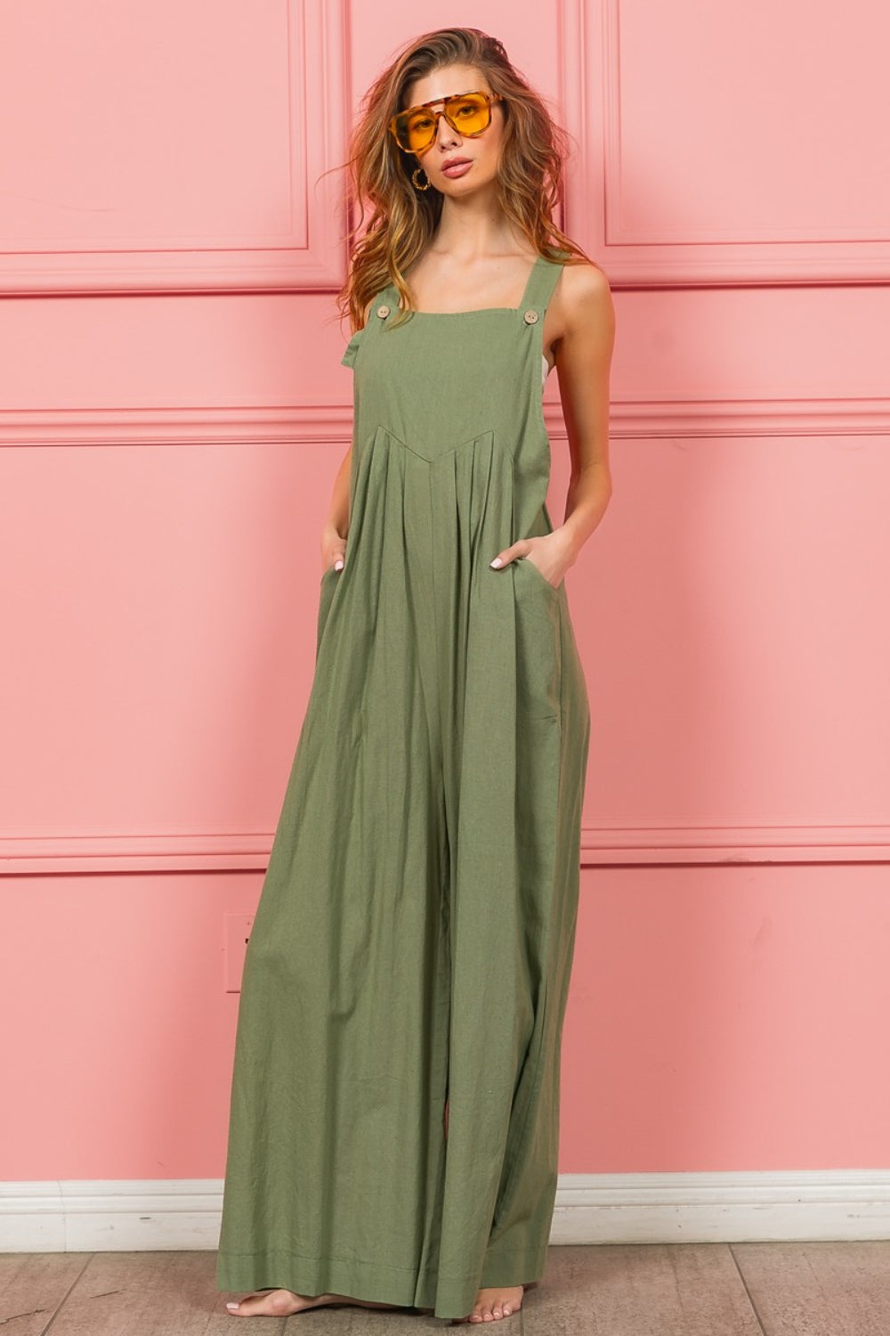 BiBi Ruched Wide Leg Overalls with Pockets Overalls Trendsi   