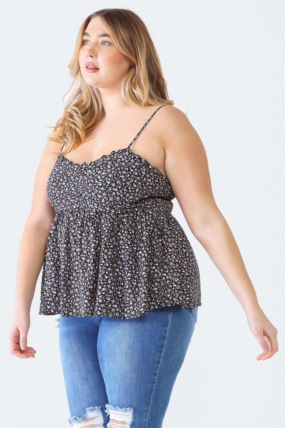 Zenobia Plus Size Frill Smocked Floral Sweetheart Neck Cami Top Trendsi   