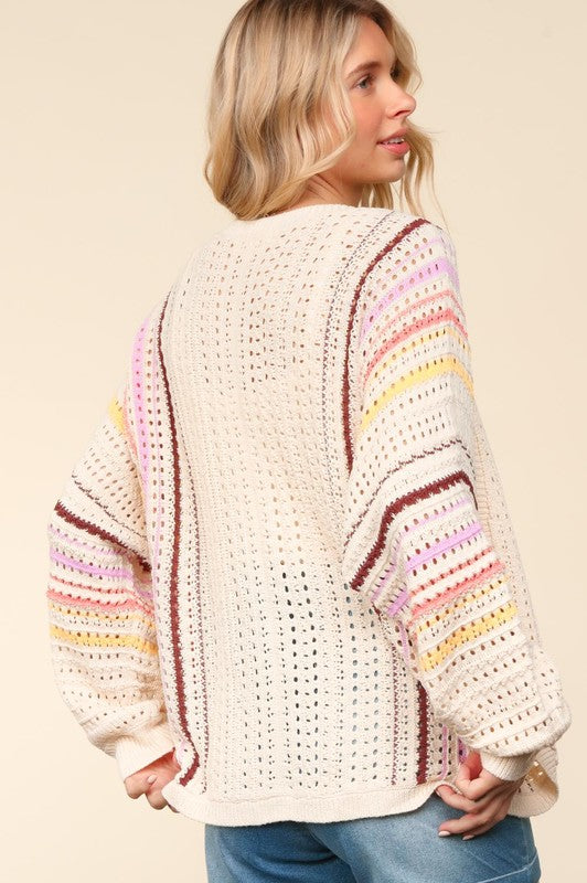 Haptics Full Size Striped Crochet Open Front Cardigan - NeoKira Unlimited