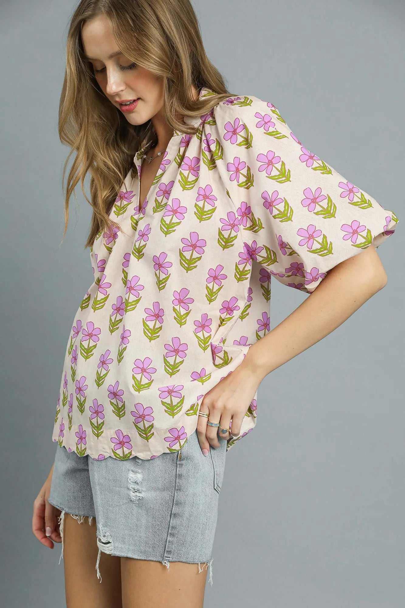 Umgee Floral Print Oversized Flutter Puff Sleeve Cotton Blouse - NeoKira Unlimited