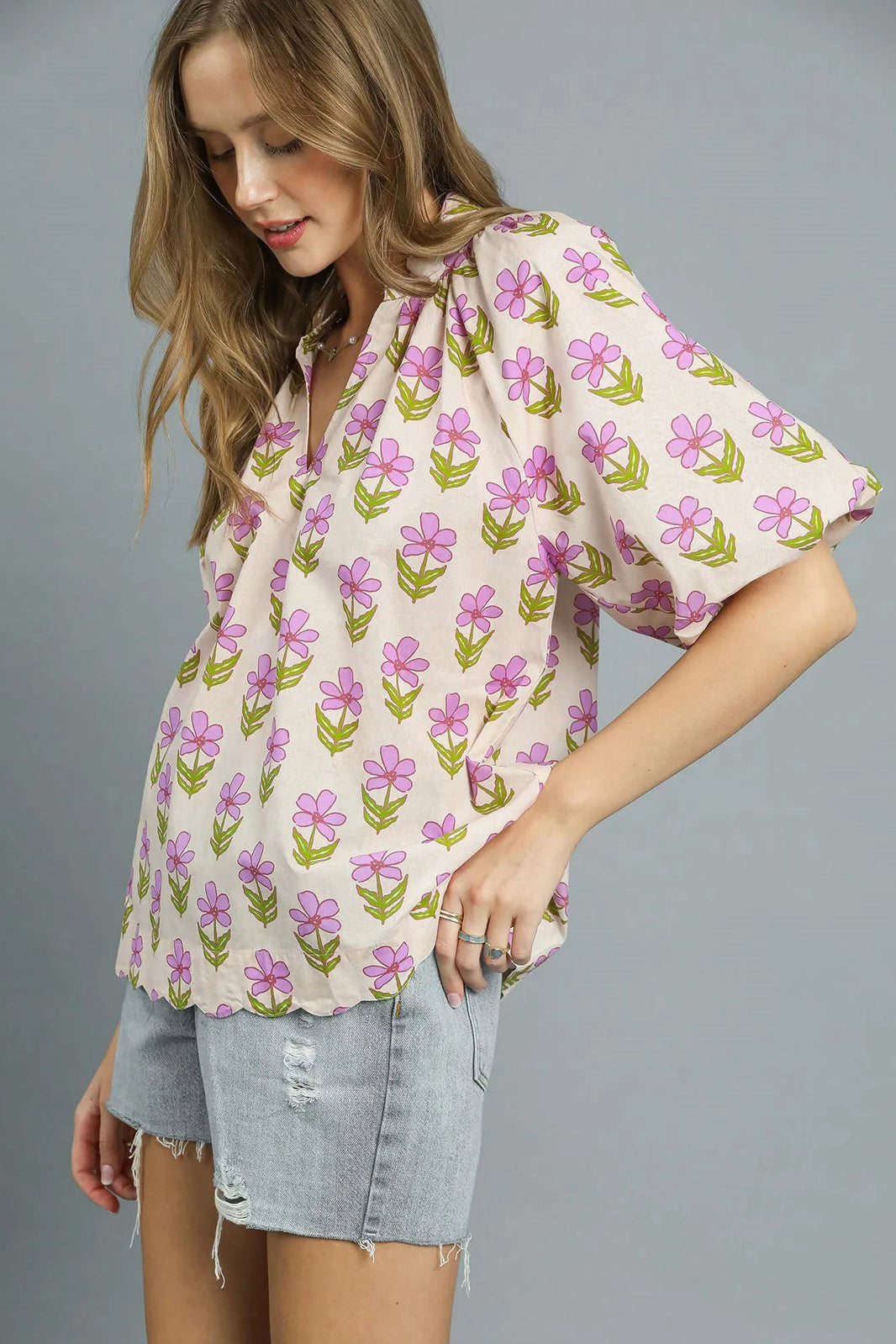 Umgee Floral Print Oversized Flutter Puff Sleeve Cotton Blouse - NeoKira Unlimited