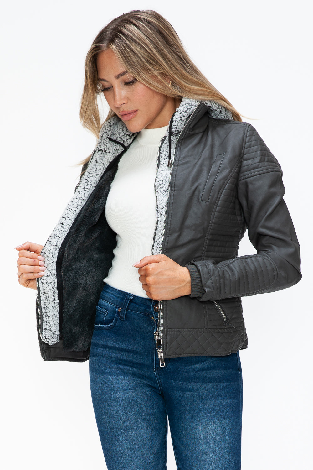 YMI Faux Layered Double-Zipper Jacket with Fuzzy Hood - NeoKira Unlimited