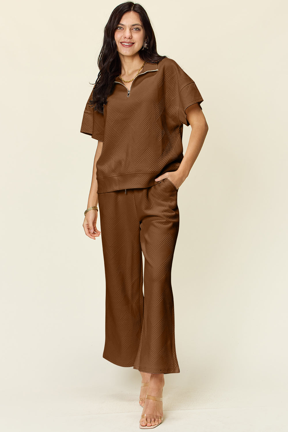Double Take Full Size Texture Half Zip Short Sleeve Top and Pants Set - NeoKira Unlimited