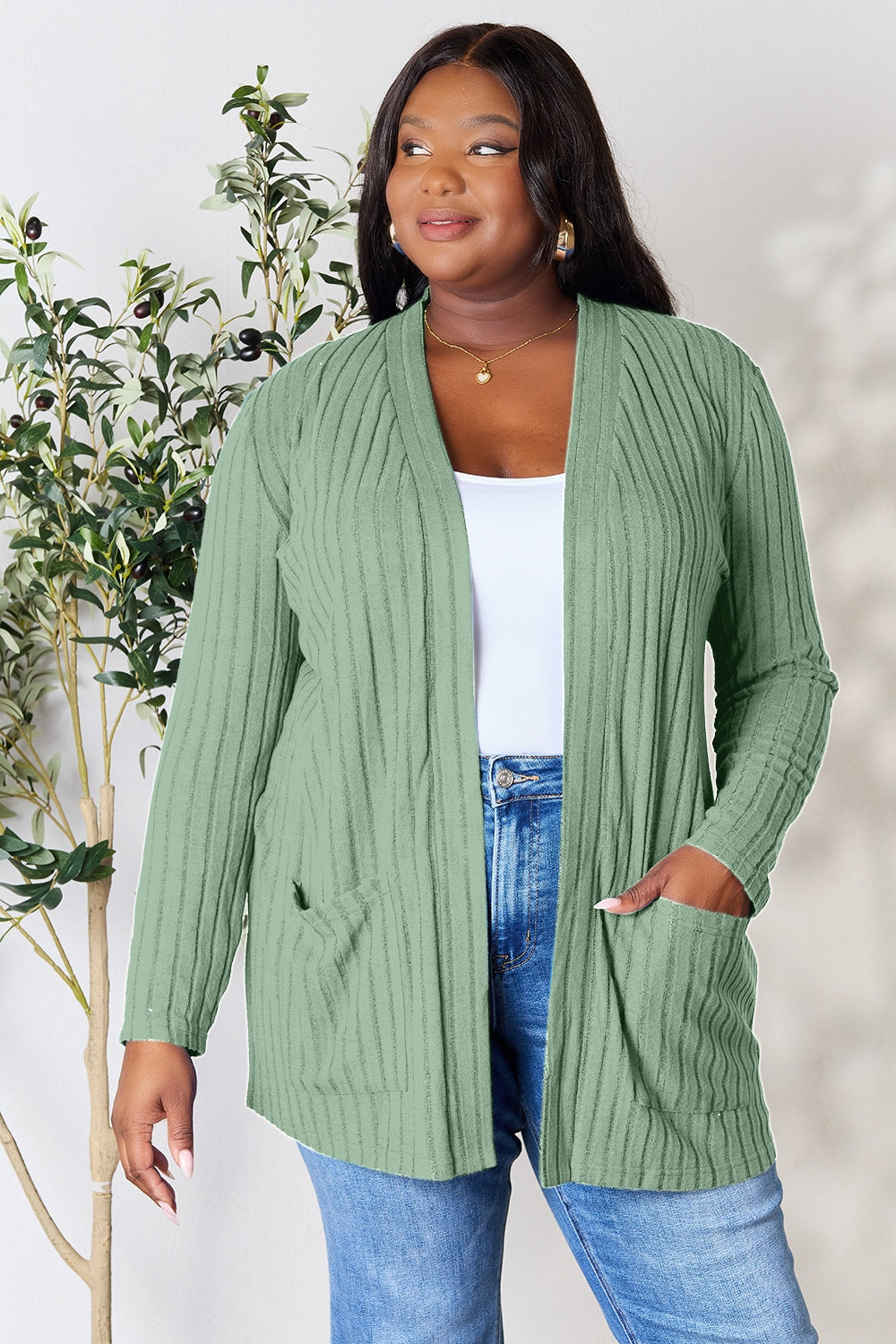 Basic Bae Full Size Ribbed Open Front Cardigan with Pockets Cardigan Trendsi Gum Leaf 3XL 