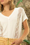 POL Inset Lace Outseam Detail Short Sleeve V-Neck T-Shirt Top Trendsi   