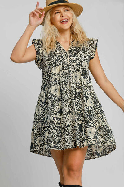 Umgee Full Size Printed Ruffle Cap Sleeve Babydoll Dress Plus Size - NeoKira Unlimited