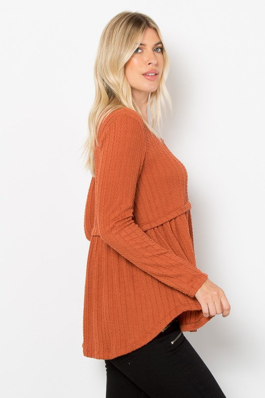 Be Stage Full Size Texture Babydoll Round Neck Long Sleeve Knit Top - NeoKira Unlimited