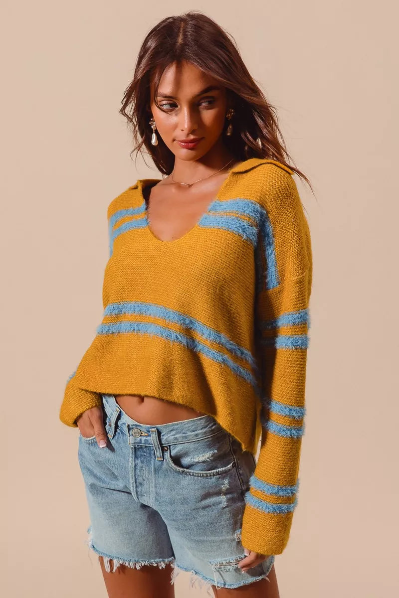 SO ME Fuzzy Hairy Stripe Deep U Neck Oversized Sweater - NeoKira Unlimited