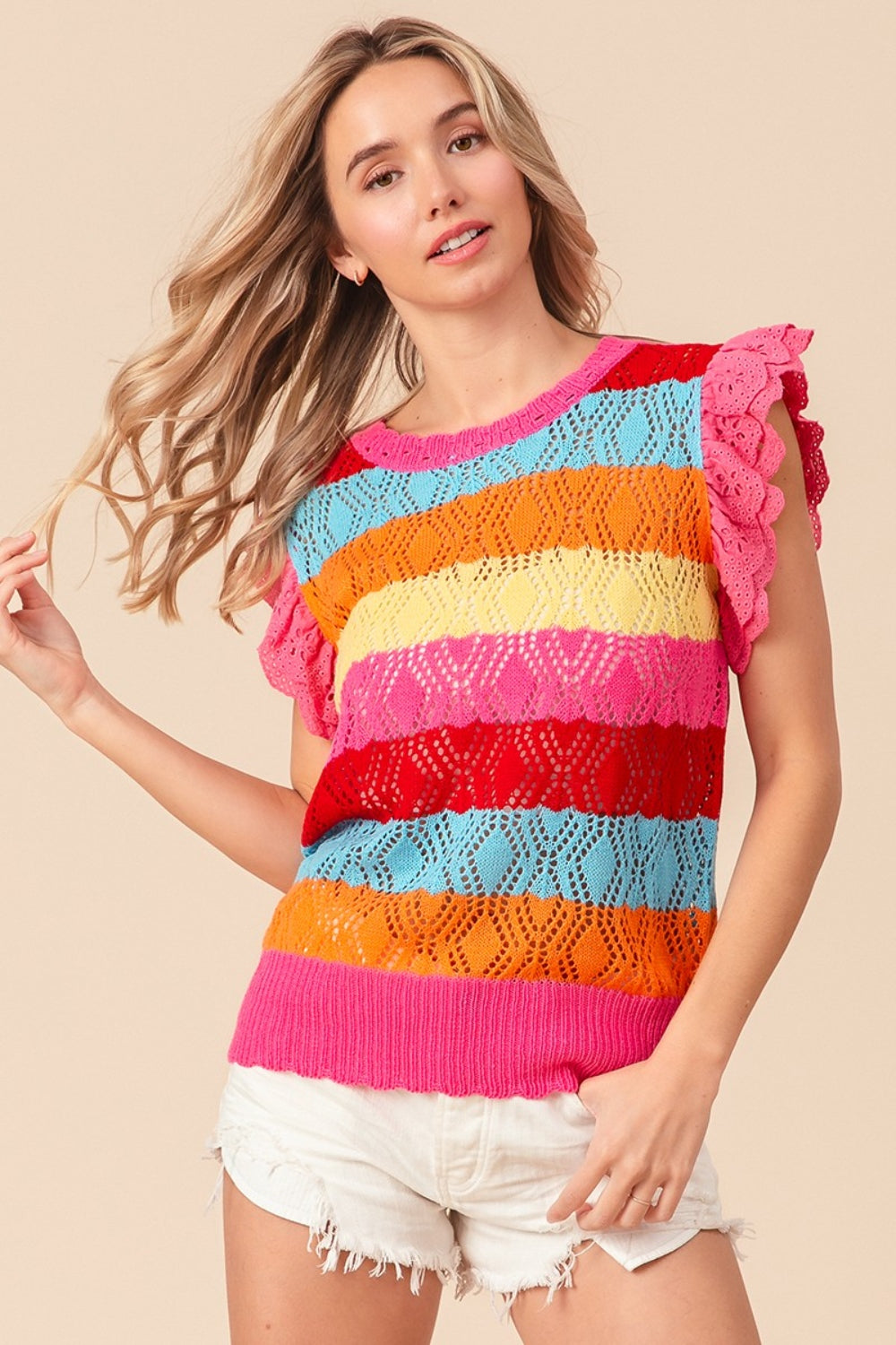 BiBi Pointelle Striped Ruffled Knit Top - NeoKira Unlimited