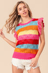 BiBi Pointelle Striped Ruffled Knit Top Top Trendsi   