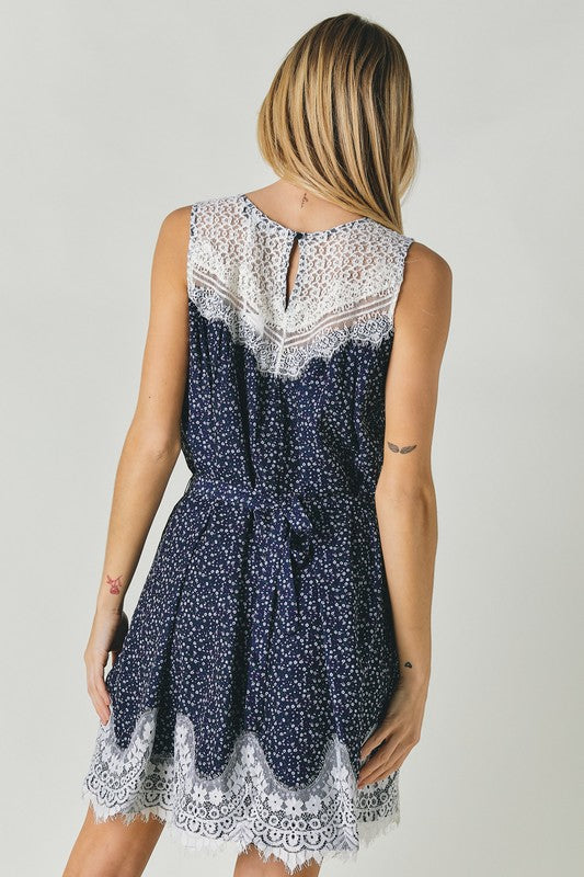 Printed Sleeveless Lace Trim Mini Dress  Davi & Dani   