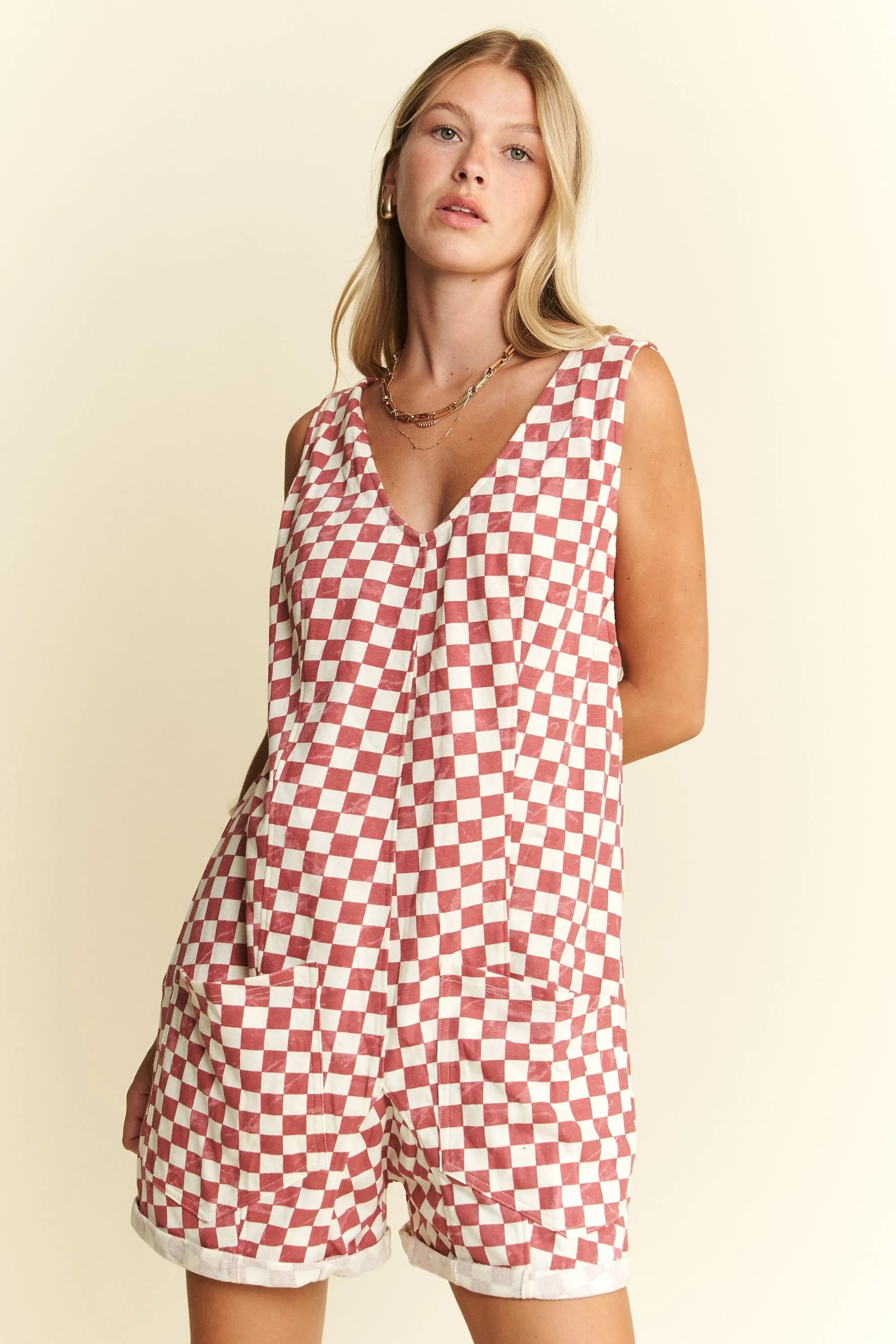 Jade By Jane Red White Checkerboard Print Sleeveless Romper – Plus Size - NeoKira Unlimited