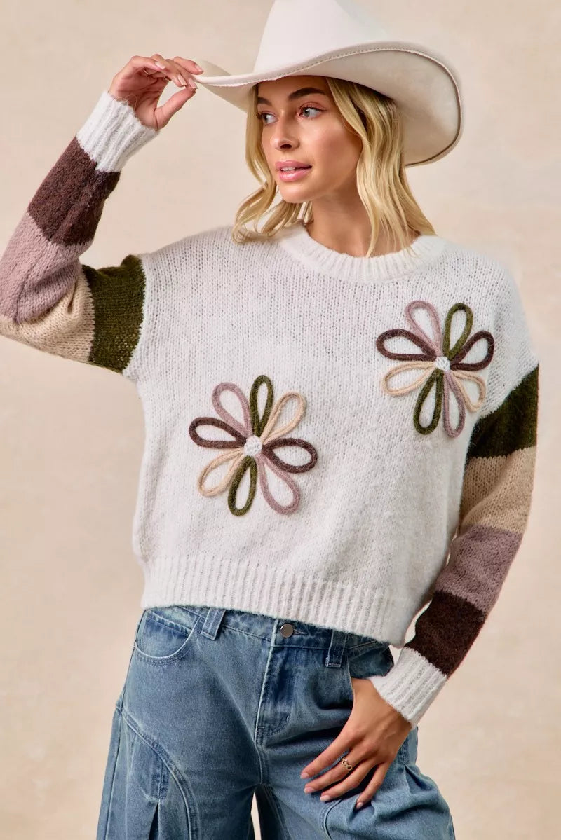 BiBi Flower Color Block Sweater Retro Y2K Cozy Streetwear Style - NeoKira Unlimited
