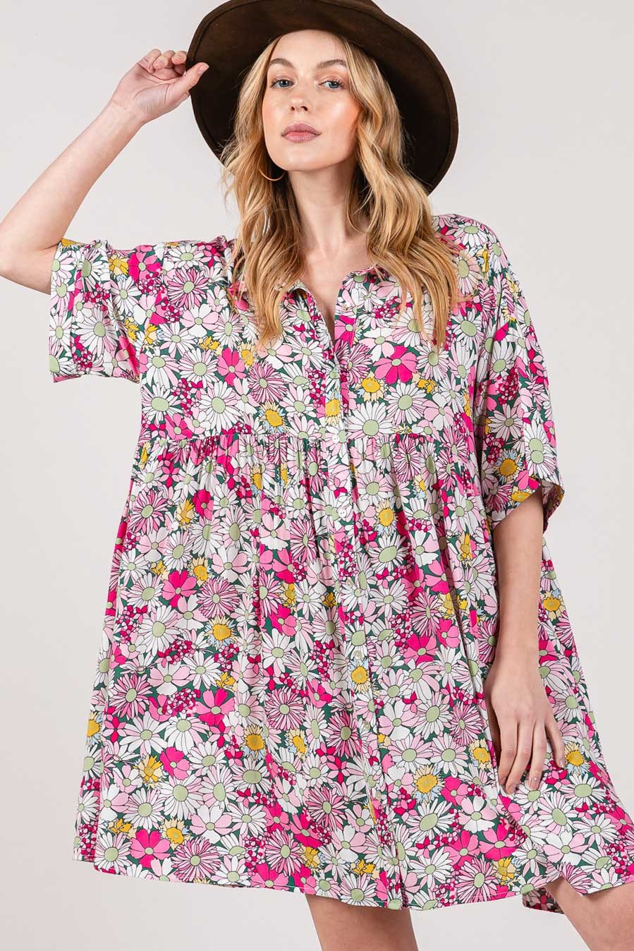 SAGE + FIG Floral Button Down Mini Shirt Dress Mini Dress Trendsi   