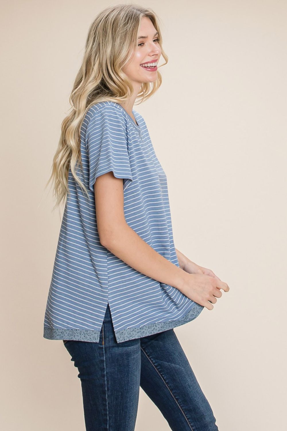 Cotton Bleu by Nu Lab Slit Striped Notched Short Sleeve T-Shirt - NeoKira Unlimited