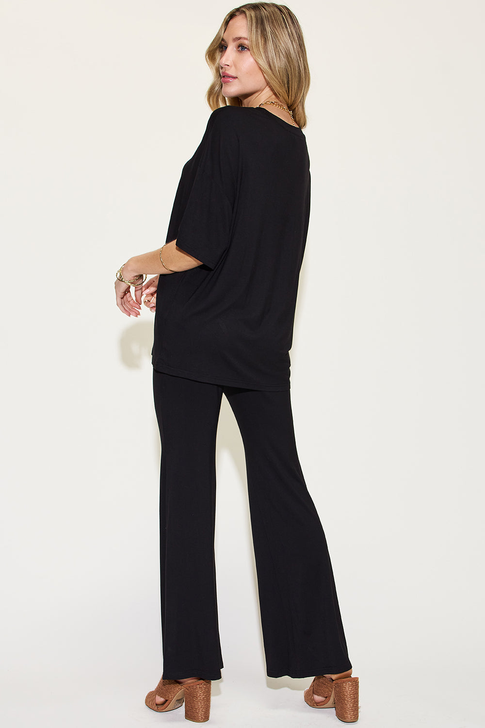 Basic Bae Full Size Bamboo Drop Shoulder T-Shirt and Flare Pants Set - NeoKira Unlimited