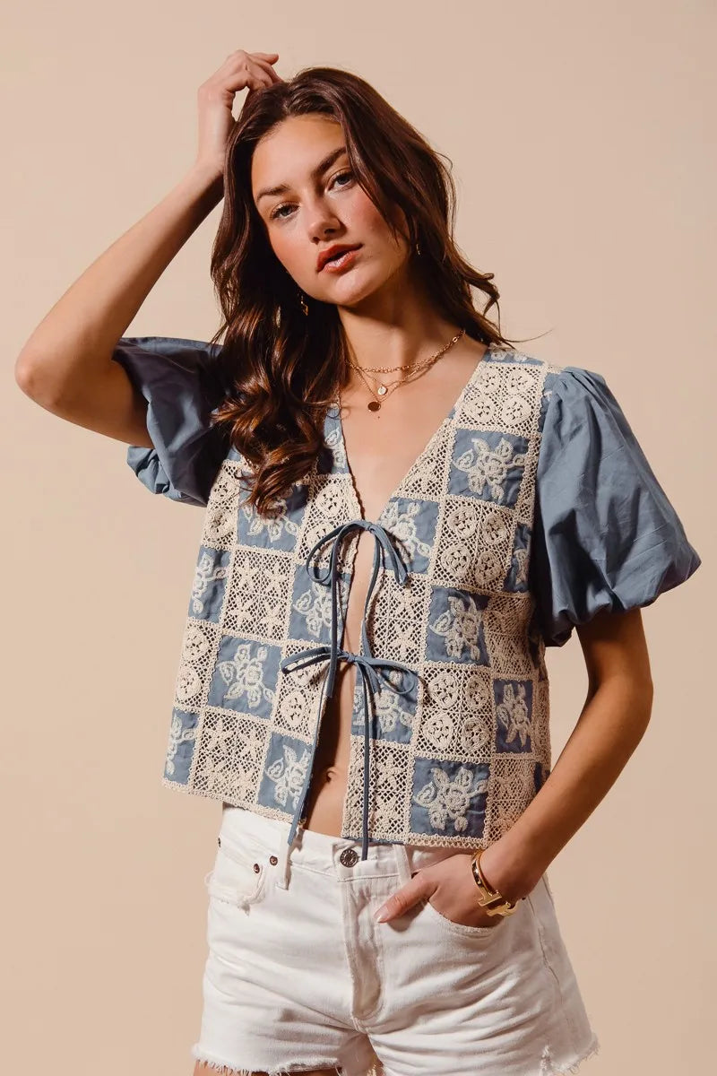 SO ME Boho Patchwork Tie Front Puff Sleeve V Neck Cropped Blouse - NeoKira Unlimited