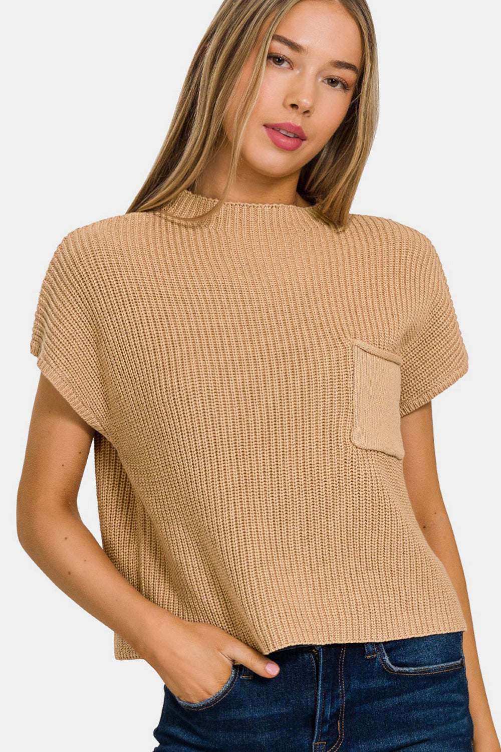 Zenana Mock Neck Short Sleeve Cropped Sweater Sweater Trendsi Brush S 