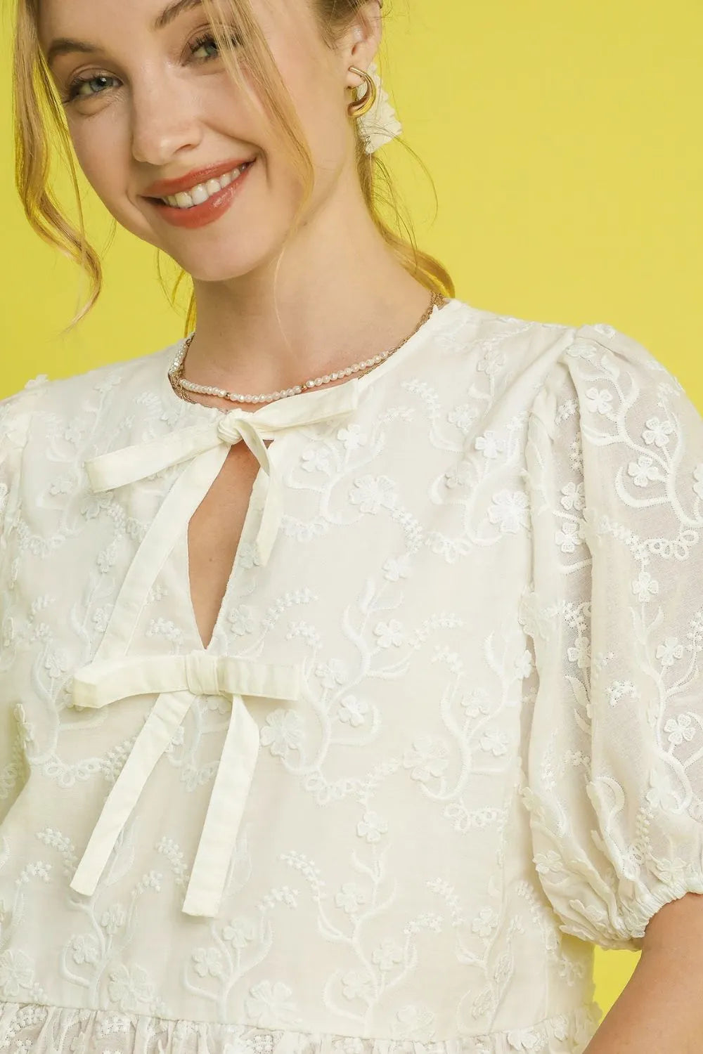 Umgee Ivory Embroidered Peplum Blouse – Puff Sleeve Bow-Tie Neckline Top - NeoKira Unlimited