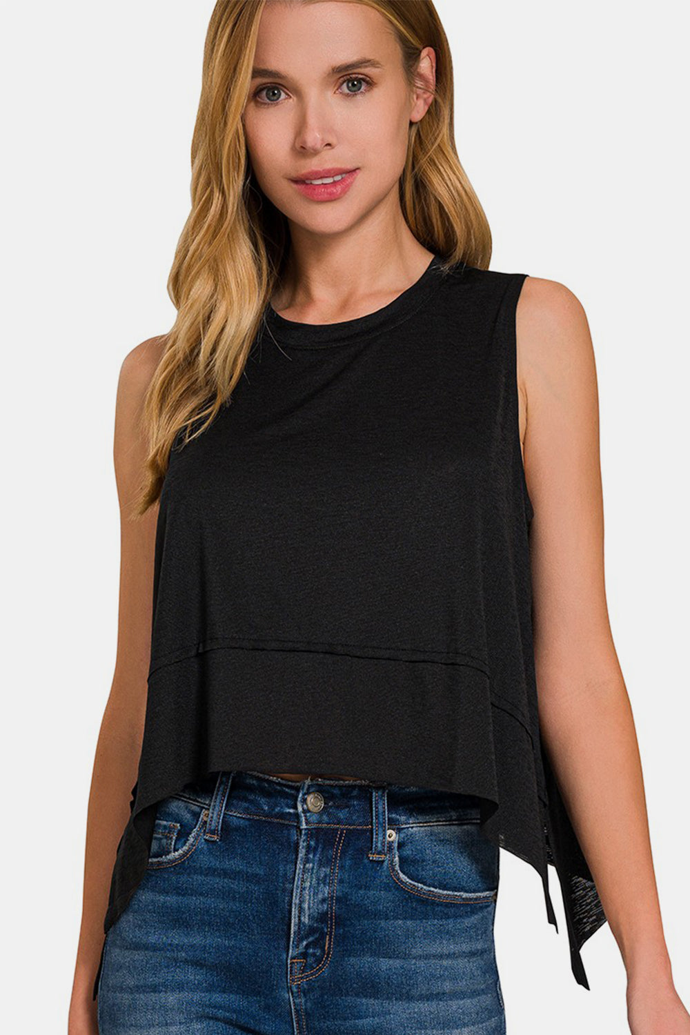 Zenana Exposed Seam Slit Round Neck Tank Tank Top Trendsi Black S 