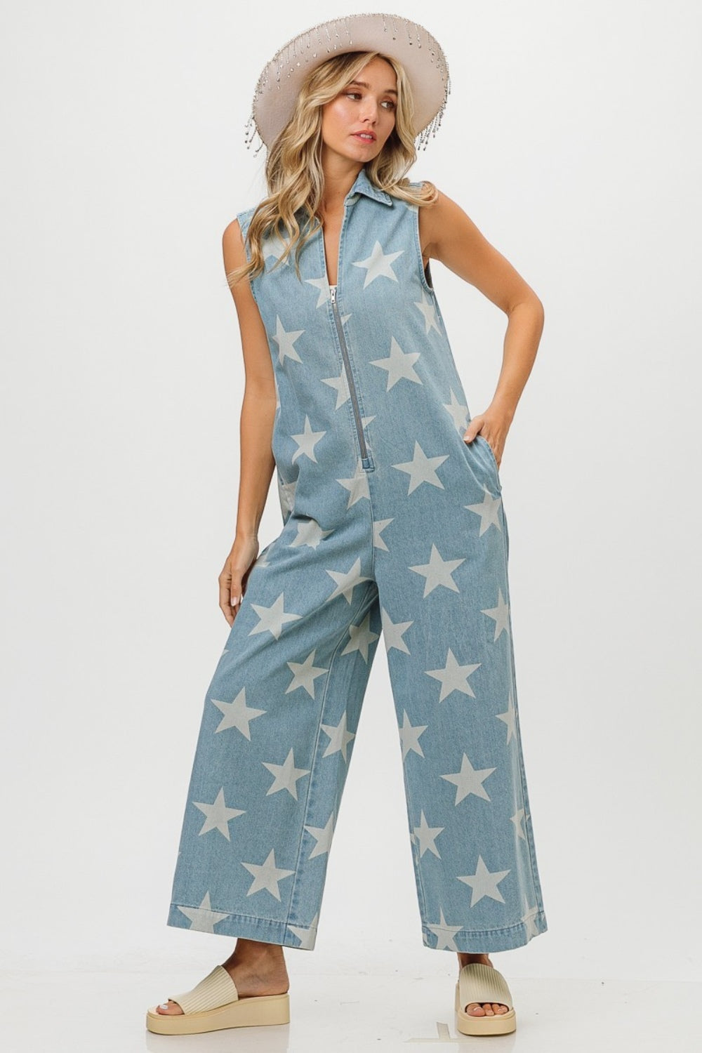 BiBi Star Print Half Zip Sleeveless Denim Jumpsuit Jumpsuits Trendsi   