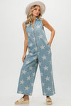 BiBi Star Print Half Zip Sleeveless Denim Jumpsuit Jumpsuits Trendsi   