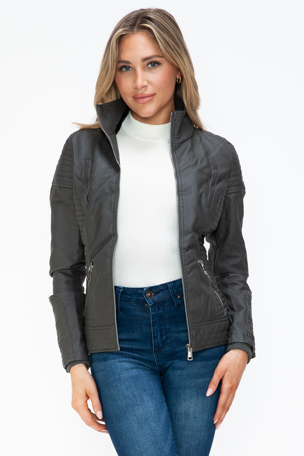 YMI Faux Layered Double-Zipper Jacket with Fuzzy Hood - NeoKira Unlimited