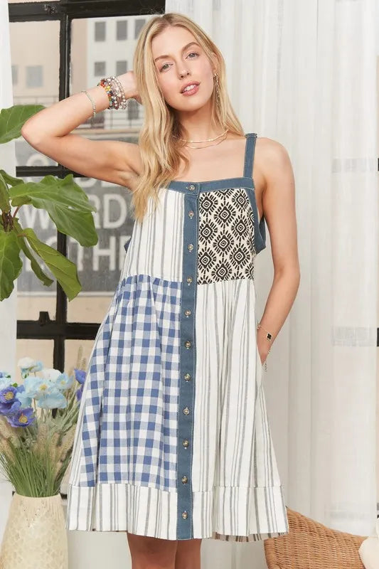 ADORA Patchwork Button Front Mini Dress - NeoKira Unlimited