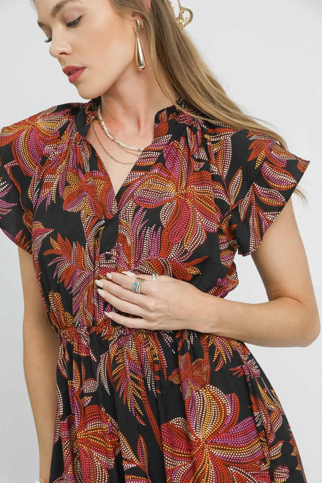 Umgee Boho Tropics Leaf Print Ruffle Sleeve Midi Dress - NeoKira Unlimited